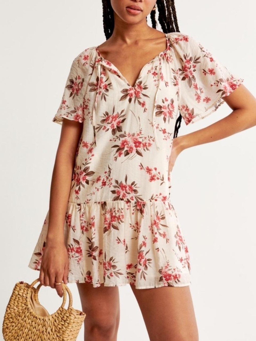 Floral Cream Ruffle Hem Mini Dress